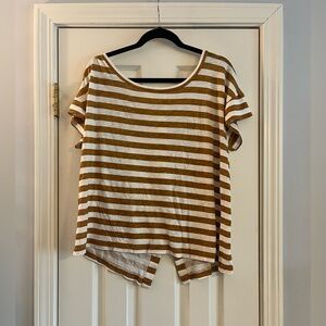J Crew Brown and White Striped T-Shirt with button back closure, size XL